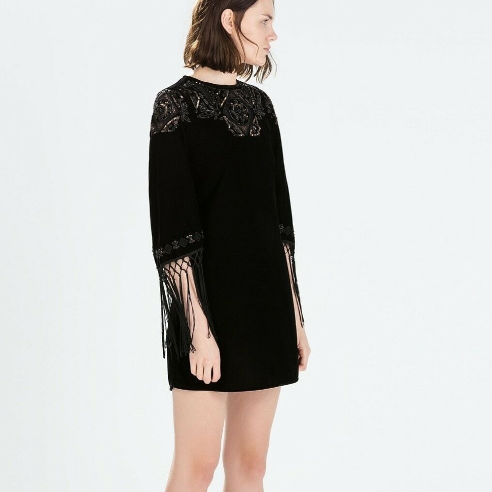 Zara Black Velvet Fringe Sequins Beads Dress